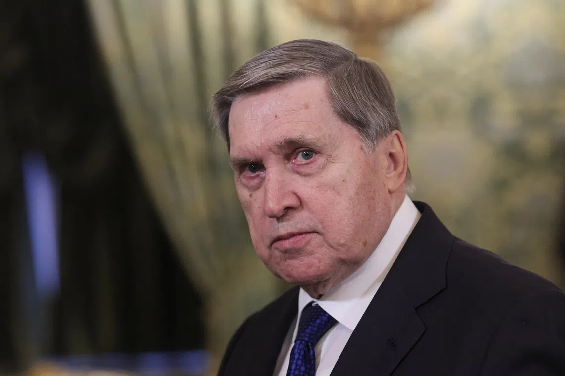 Russian foreign policy presidential aide Yuri Ushakov attends a meeting of Russian President Vladimir Putin and Syrian President Ahmed al-Sharaa at the Kremlin in Moscow, Russia, 28 January 2026.    MAXIM SHIPENKOV/Pool via REUTERS
