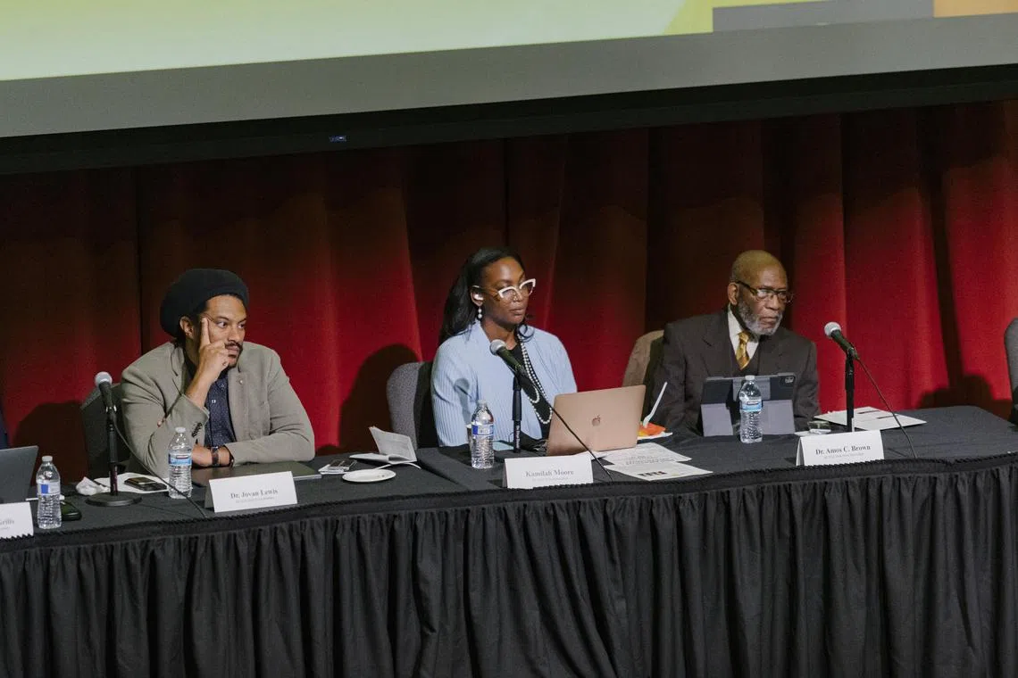 FILE — Lawyer Kamilah Moore, chair of the reparations task force, during a meeting in Oakland, Calif., on May 6, 2023. Lawyer Kamilah Moore, chair of the state reparations task force, during a meeting in Oakland, Calif., on May 6, 2023. California formed a reparations task force after the national response to the murder of George Floyd by a police officer in Minneapolis. (Jason Henry/The New York Times)
