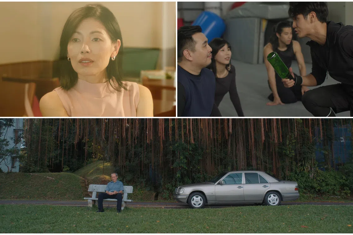 (Clockwise from top left) Sharon Au in Cendol, Jon Cancio, Estelle Fly, Benjamin Kheng and Nathan Hartono in Sandbox, and Lim Kay Tong in The Old Man His Car.
