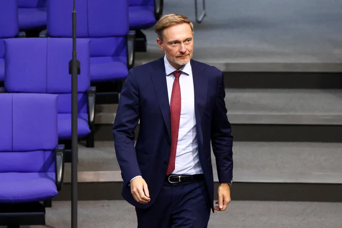 Germany's Finance Minister Christian Lindner walks on the day of a session of the lower house of parliament Bundestag, in Berlin, Germany, October 16, 2024. REUTERS/Liesa Johannssen
