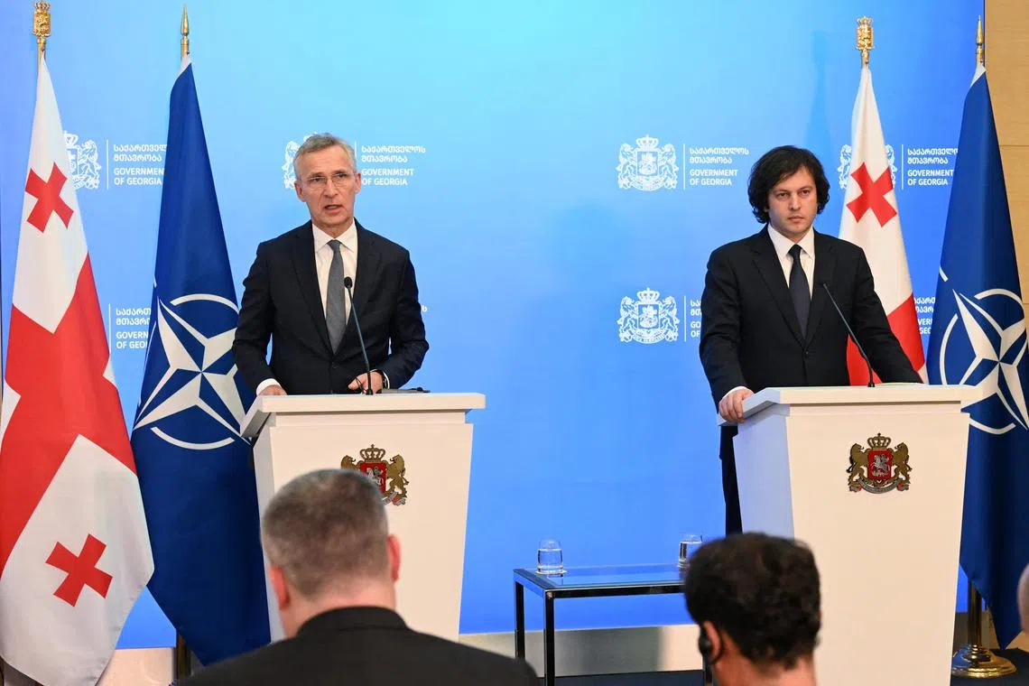 Nato Secretary-General Jens Stoltenberg and Georgian Prime Minister Irakli Kobakhidze hold a joint news briefing following their talks in Tbilisi.