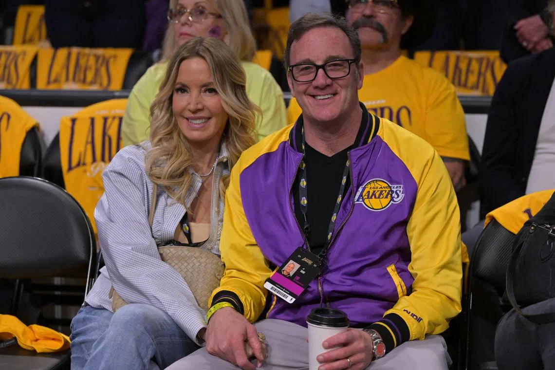 Apr 19, 2025; Los Angeles, California, USA; Los Angeles Lakers owner Jeanie Buss and husband Jay Mohr attend the game against the Minnesota Timberwolves at Crypto.com Arena. Mandatory Credit: Jayne Kamin-Oncea-Imagn Images/File Photo