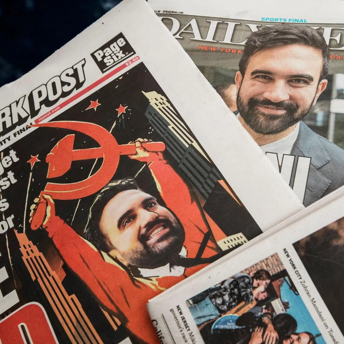 New York City Mayor-elect Zohran Mamdani's electoral win as portrayed by the Daily News and New York Post newspapers on Nov 5. 