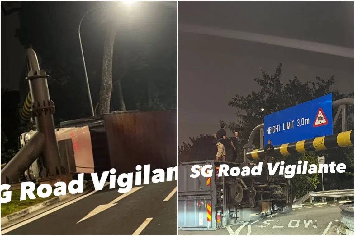 Photos uploaded on social media show the vehicle lying on its side, next to a height barrier indicating a 3m limit.