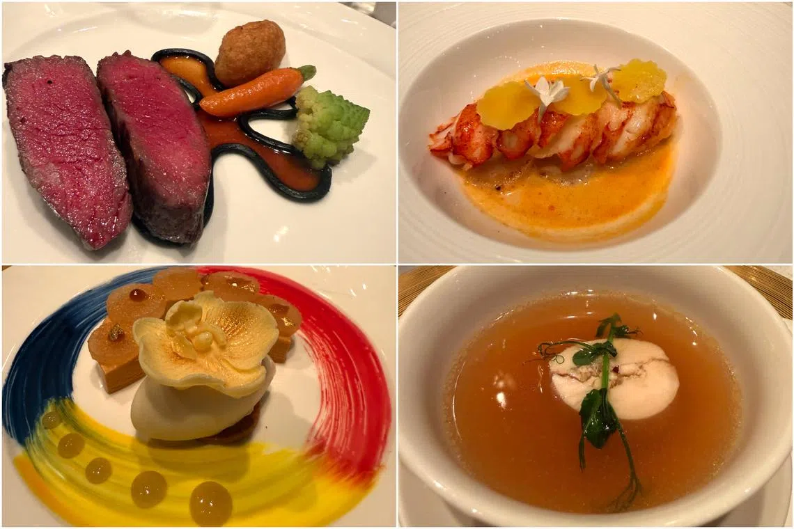 (Clockwise from top left) Jeju Hanwoo Striploin, butter poached lobster served with Korean rice cakes, samgyetang (ginseng chicken) essence soup and gula melaka and aged doenjang (fermented soyabean) custard.