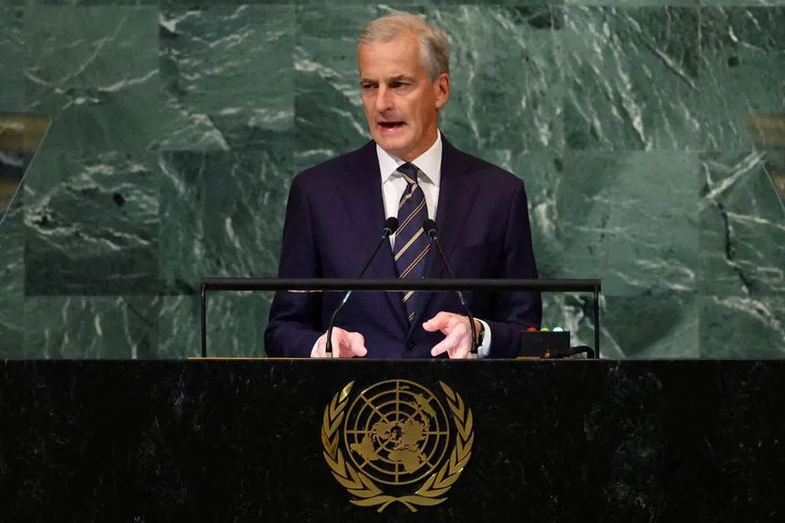 FILE PHOTO: Prime Minister of Norway Jonas Gahr Stoere addresses the 77th Session of the United Nations General Assembly at U.N. Headquarters in New York City, U.S., September 22, 2022. REUTERS/Mike Segar/File Photo