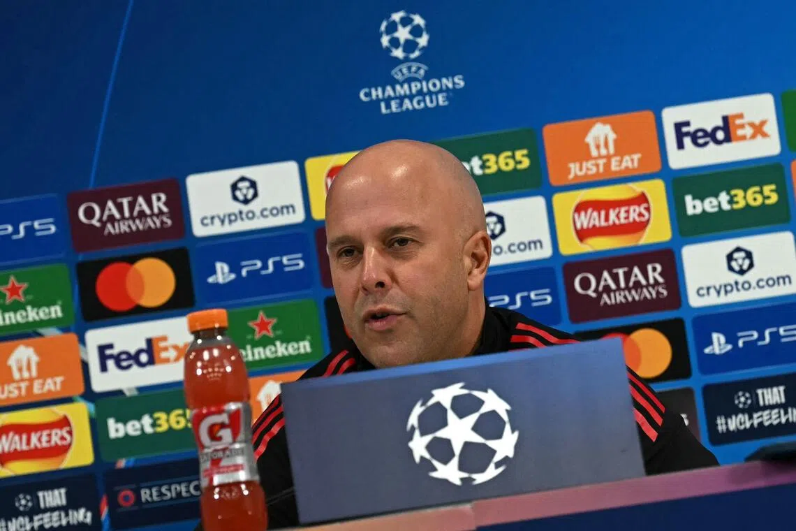 Liverpool's Dutch manager Arne Slot attends a press conference at Anfield in Liverpool, north-west England, on November 25, 2025, on the eve of their UEFA Champions League league phase football match against PSV Eindhoven.  (Photo by Paul ELLIS / AFP)