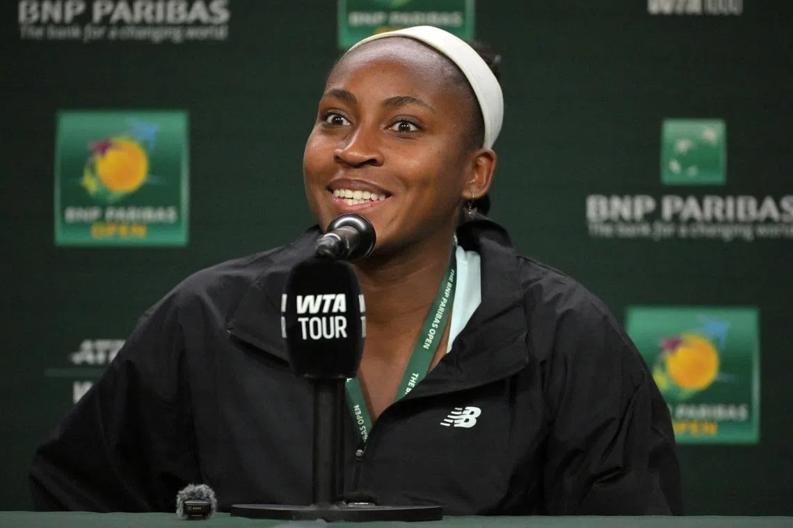 FILE PHOTO: Mar 3, 2026; Indian Wells, CA, USA;  Coco Gauff (USA) speaks to the media at a news conference during the BNP Paribas Open at the Indian Wells Tennis Garden. Mandatory Credit: Jayne Kamin-Oncea-Imagn Images/File Photo