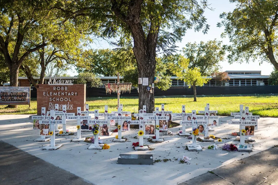 A memorial outside Robb Elementary School in Uvalde, Texas, on Oct 18, 2023. Pete Arredondo, the former chief of the school district police in Uvalde, Texas, has been indicted and arrested over his actions during the police response to the 2022 school shooting in which a gunman killed 19 children and two teachers.