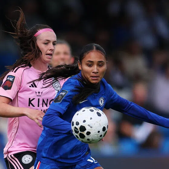 Chelsea's Alyssa Thompson in action with Leicester City's Sam Tierney.
