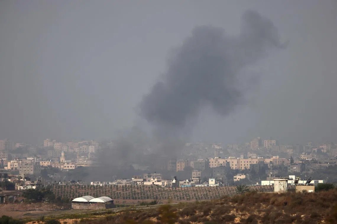 Smoke billowing over the northern Gaza Strip during Israeli bombardment amid ongoing battles between Israel and the Palestinian group Hamas. 