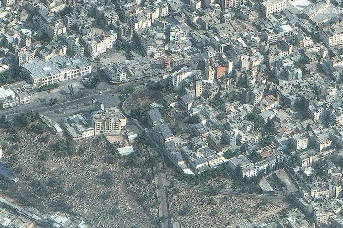 FILE PHOTO: A satellite image shows Al-Ahli hospital, amid the ongoing conflict between Israel and the Palestinian Islamist group Hamas, in Gaza November 7, 2023. Maxar Technologies/Handout via REUTERS /File photo