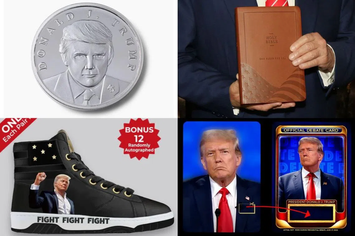 (Clockwise from top left) Donald Trump's merchandise includes silver coins, a Bible, trading cards with pieces of his debate suit and sneakers.