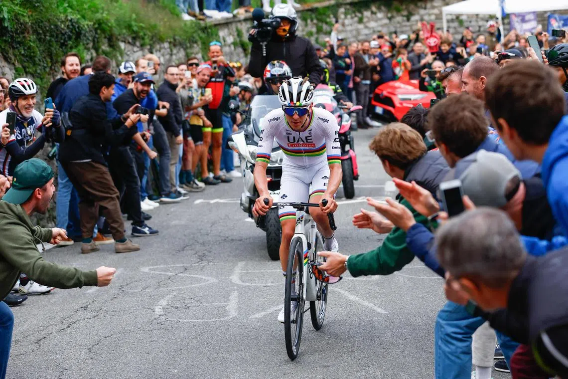 Slovenian rider Tadej Pogacar in the Tour of Lombardy on Oct 12, 2024. He won the Amstel Gold classic in 2023.