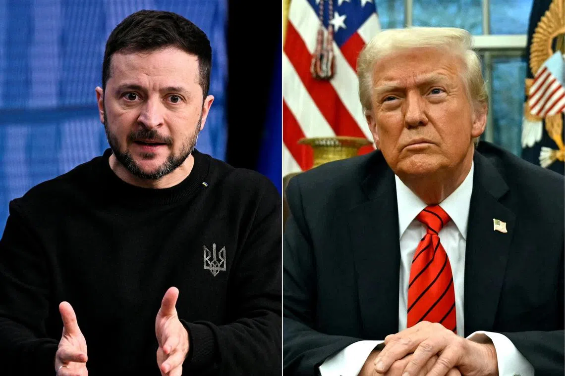 Ukrainian President Volodymyr Zelensky (left) was described as a dictator on Feb 19, by US President Donald Trump.