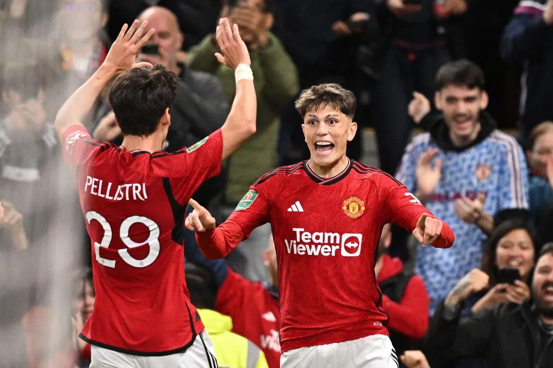 Manchester United winger Alejandro Garnacho scoring the first goal in the 3-0 League Cup third-round win over Crystal Palace at Old Trafford.