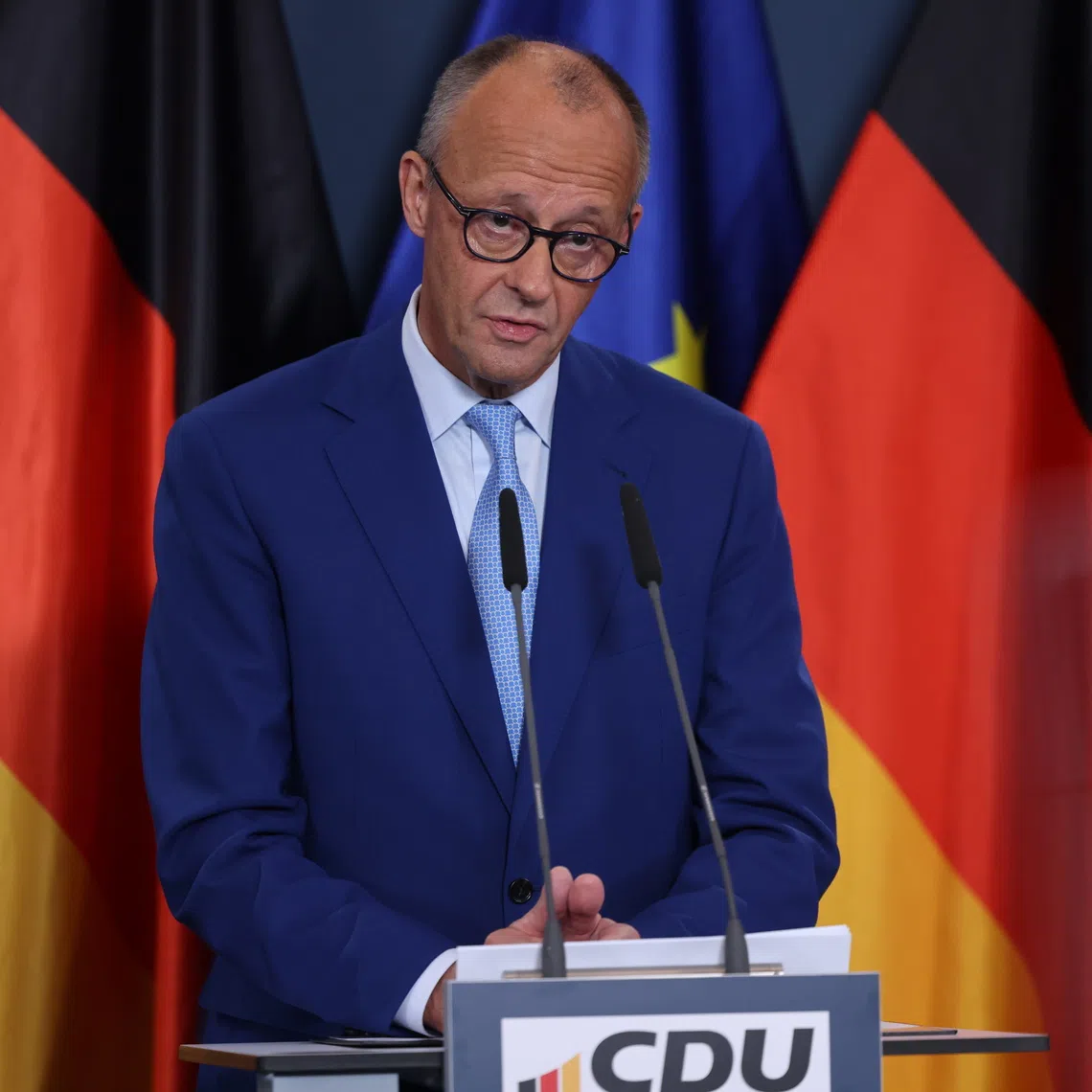 German Chancellor Friedrich Merz addresses the media following the Berlin state elections on Sept 20, in Berlin, Germany.