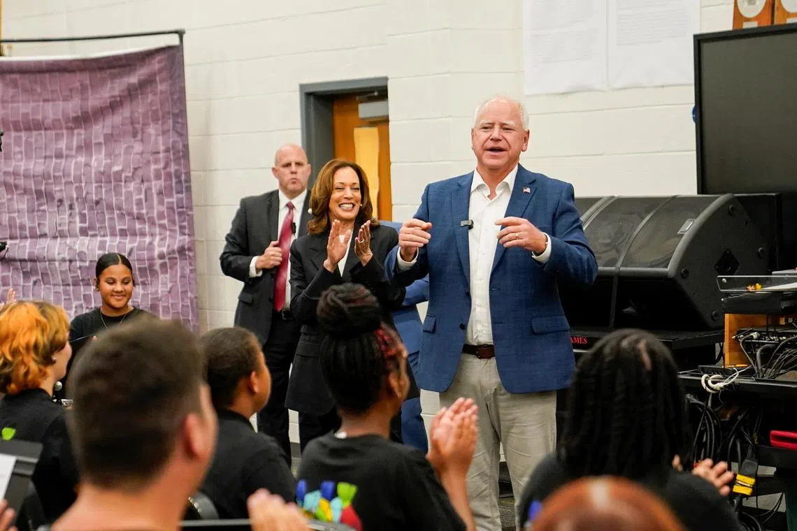 Democratic presidential nominee and U.S. Vice President Kamala Harris and vice presidential nominee Minnesota Governor Tim Walz visit Liberty County High School in Hinesville, Georgia, U.S., August 28, 2024. REUTERS/Elizabeth Frantz