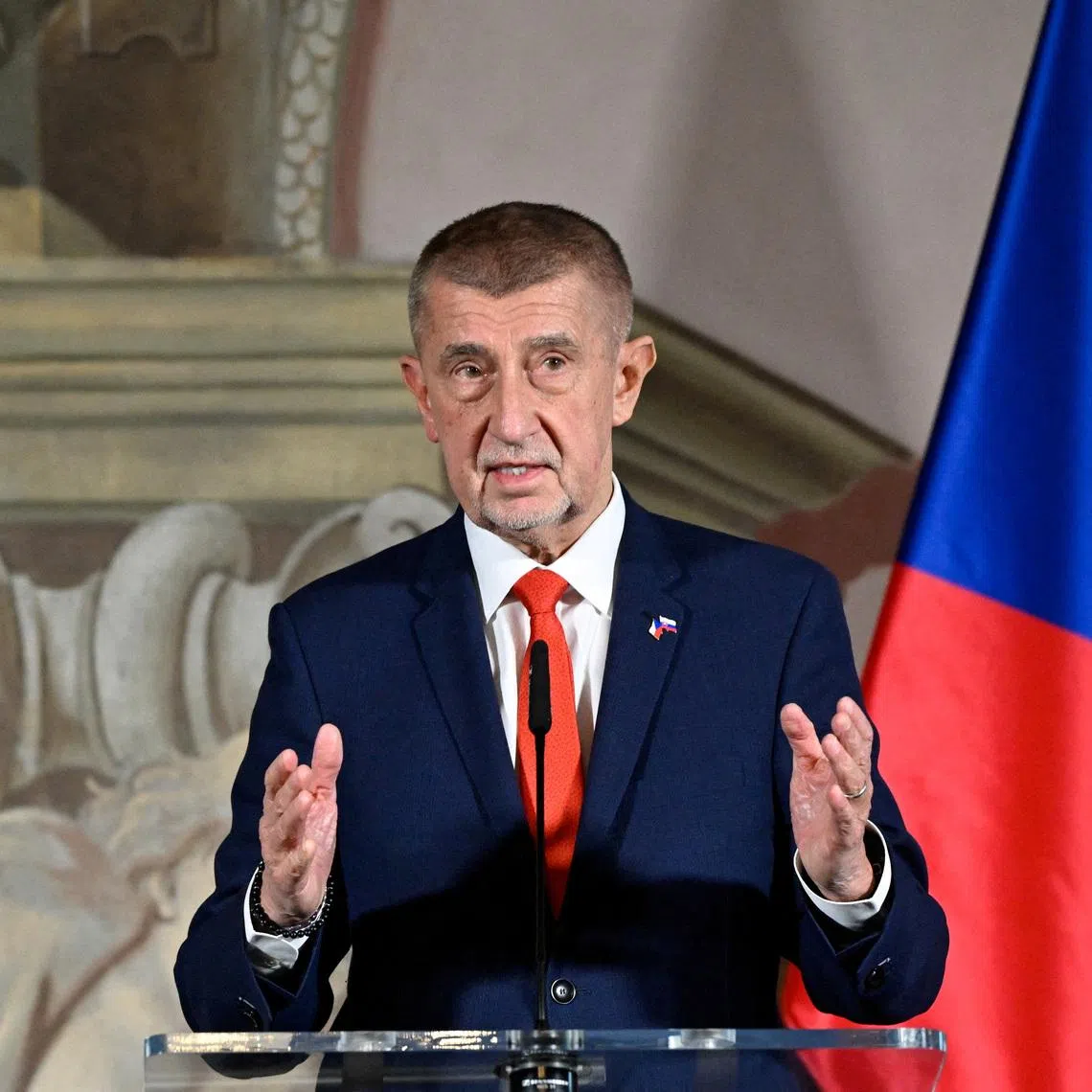 FILE PHOTO: Czech Prime Minister Andrej Babis speaks during a press conference with Slovakia's Prime Minister Robert Fico, on the day of a joint meeting of the governments of the Czech Republic and Slovakia at Nova Horka Castle in Studenka, Czech Republic, March 31, 2026. REUTERS/Radovan Stoklasa/File Photo