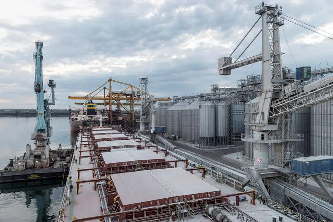 Unity N, a cargo carrying over 71,000 tonnes of Ukrainian corn, is moored after loading in the Romanian Black Sea port of Constanta, Romania, April 28, 2022. Picture taken April 28, 2022. Inquam Photos/Daniel Stoenciu via REUTERS/File Photo
