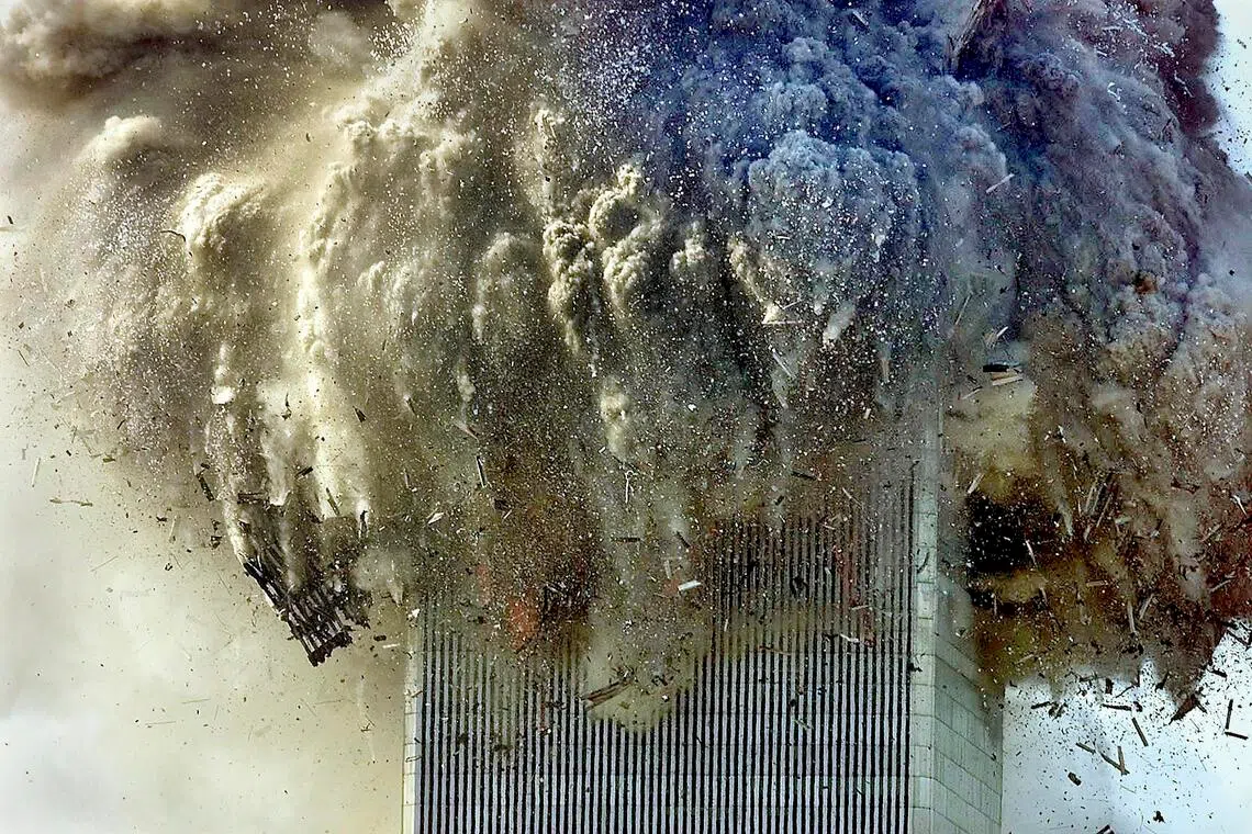 The North Tower of the World Trade Center collapses after it was hit by a hijacked jet on the morning of Sept 11, 2001.
