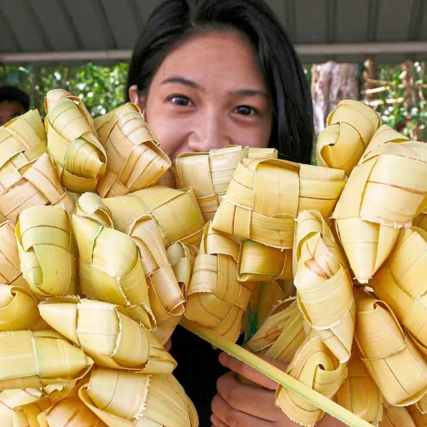 Homestay guests in Malaysia can learn to weave casings made of coconut leaves that are used to cook ketupat among other activities.