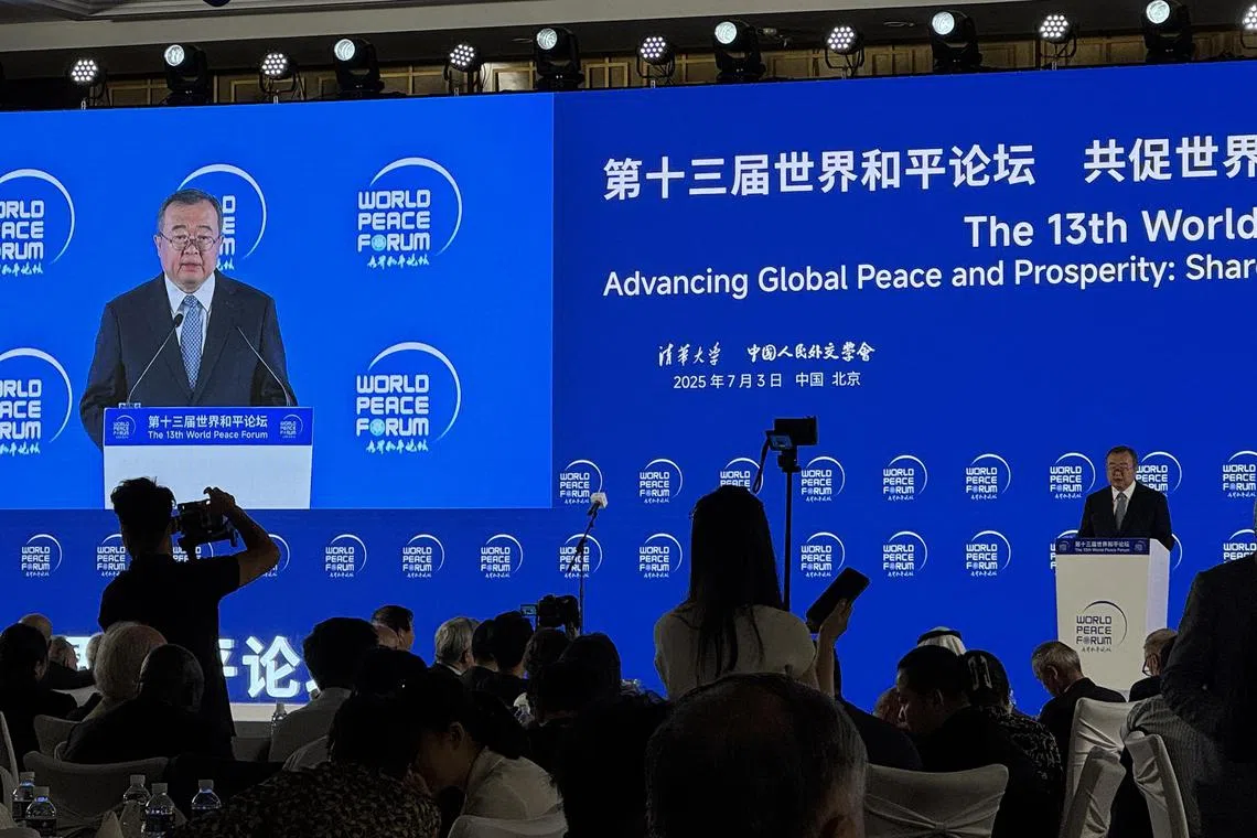 Mr Liu Jianchao, head of the Communist Party of China's International Department, speaking at the World Peace Forum in Beijing on July 3.