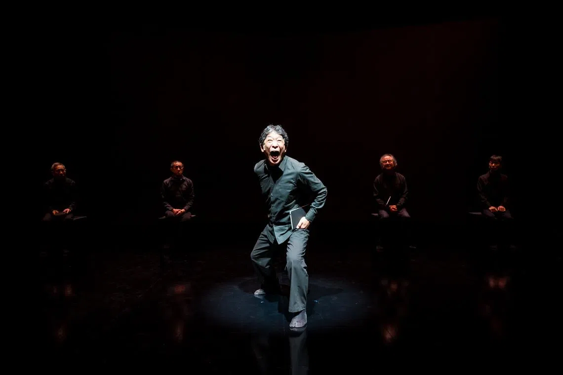 (From left) Singaporean actor Yong Ser Pin, Indonesian dancer Didik Nini Thowok, Japanese Noh actor Kanji Shimizu and South Korean actors Jung Dong-hwan and Nam Geung Ho form the star cast of Last Rites at the Singapore International Festival of Arts 2026. 