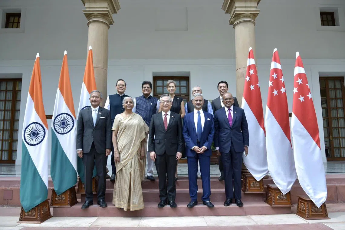DPM Gan Kim Yong, flanked by India’s Minister of Finance and Corporate Affairs Nirmala Sitharaman and External Affairs Minister S. Jaishankar, in New Delhi on Aug 13. 