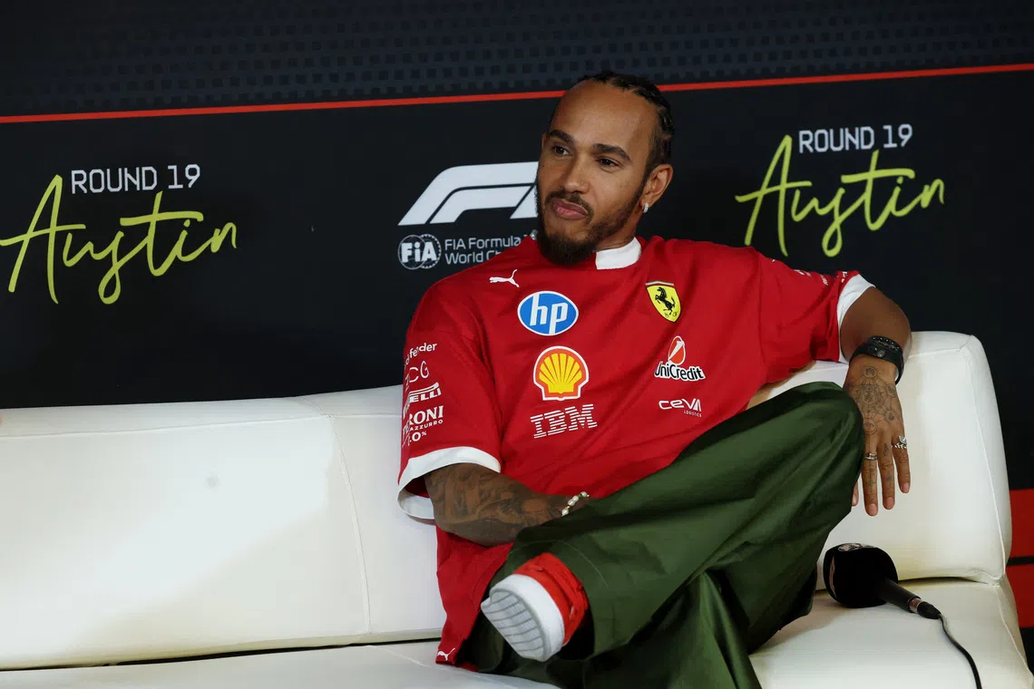 Formula One F1 - United States Grand Prix - Circuit of the Americas, Austin, Texas, U.S. - October 16, 2025 Ferrari's Lewis Hamilton during the press conference REUTERS/Mike Segar
