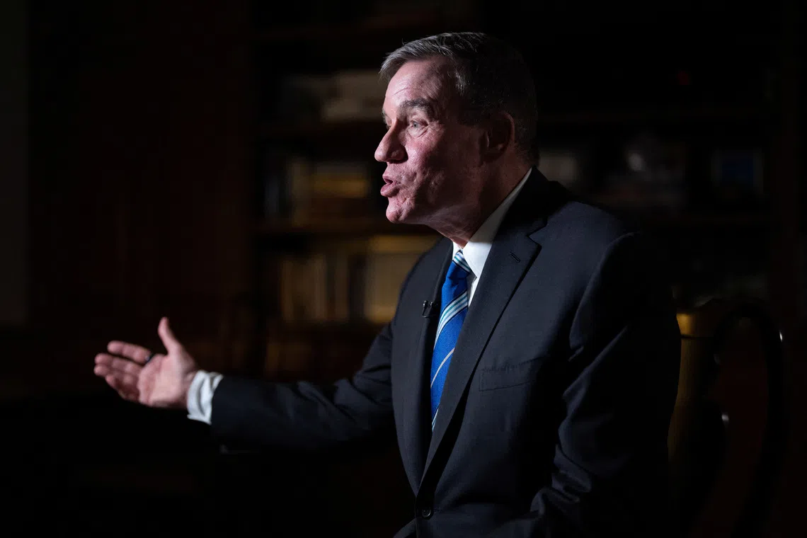 U.S. Senator Mark Warner (D-VA) speaks during an interview with Reuters on artificial intelligence on Capitol Hill in Washington, D.C., U.S., September 16, 2026. REUTERS/Aaron Schwartz