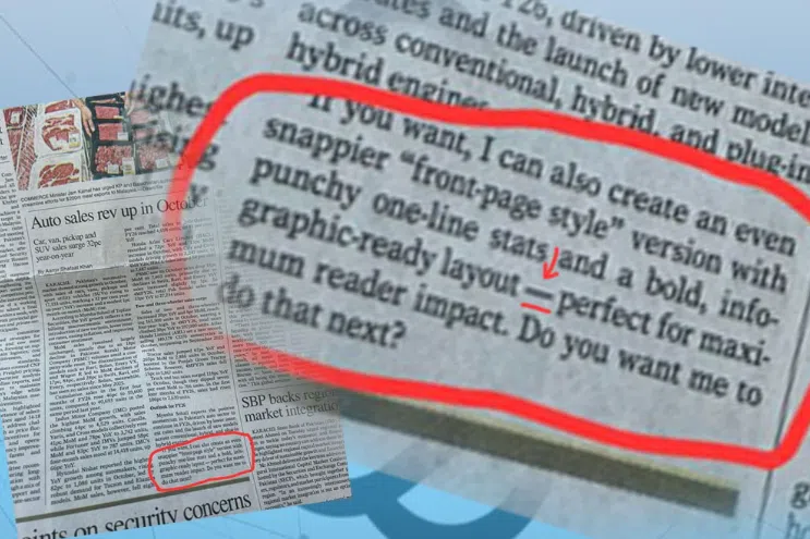 A screenshot from an X account shows a ChatGPT prompt that found its way into a business pages of the Pakistani newspaper Dawn.
