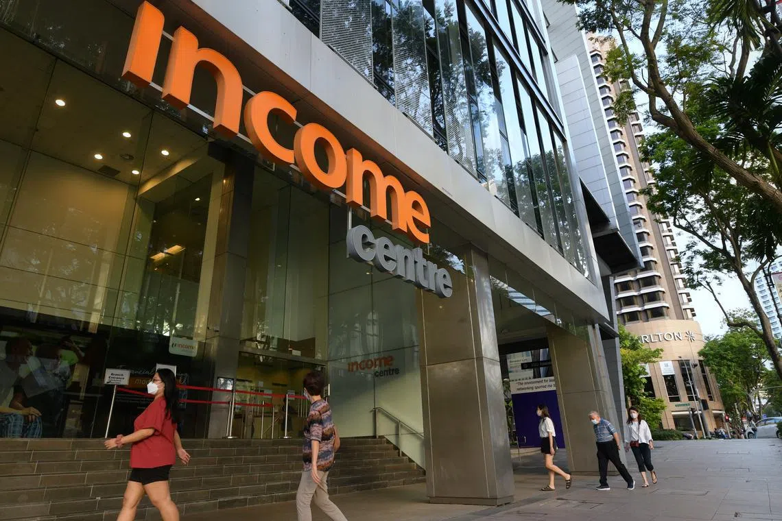 Exterior of NTUC Income Centre at Bras Basah Road on Jan 6, 2022.