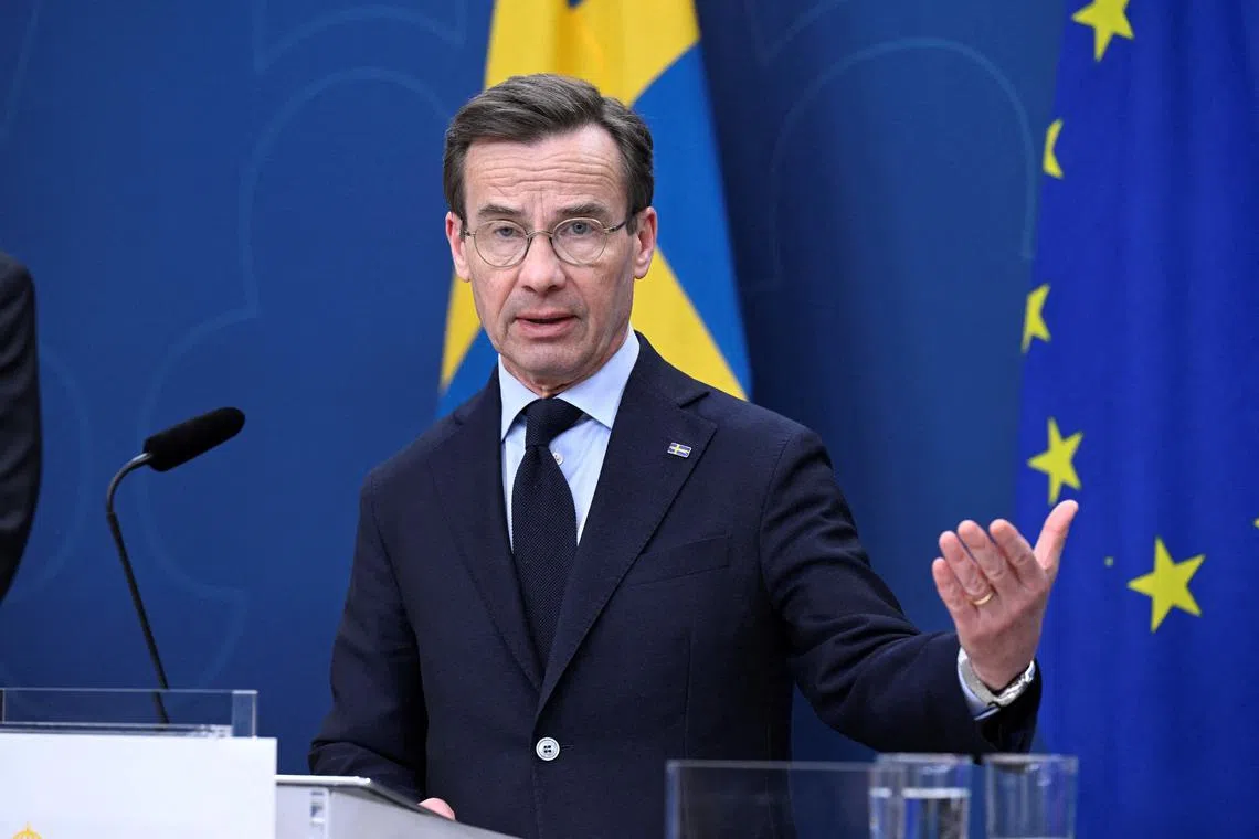 FILE PHOTO: Swedish Prime Minister Ulf Kristersson announces an increase in defence spending with 300 billion kronor ($30 billion) over the next decade, during a press conference in Stockholm, Sweden, March 26, 2025.Jessica Gow/TT News Agency/via REUTERS/File Photo