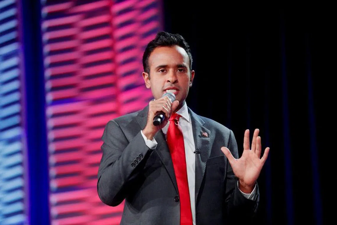 FILE PHOTO: Republican presidential candidate Vivek Ramaswamy speaks during the party's Florida Freedom Summit held at the Gaylord Palms Resort & Convention Center in Kissimmee, Florida, U.S., November 4, 2023.  REUTERS/Octavio Jones/File Photo