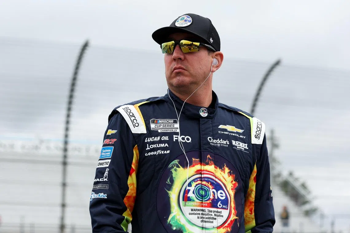 May 9, 2026; Watkins Glen, New York, USA; NASCAR Cup Series driver Kyle Busch looks on during practice and qualifying for the Go Bowling at The Glen at Watkins Glen International. Mandatory Credit: Matthew O'Haren-Imagn Images