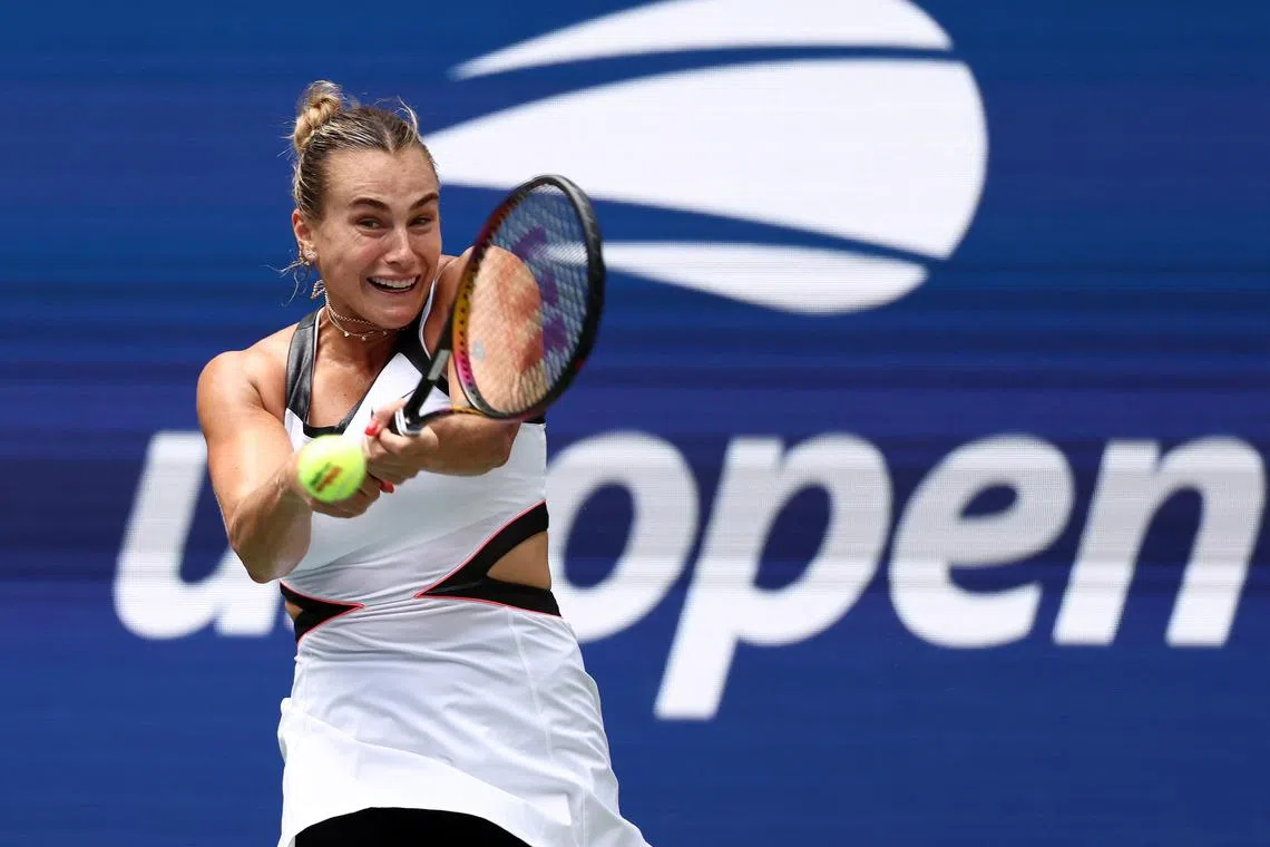 Tennis - U.S. Open - Flushing Meadows, New York, United States - August 24, 2025 Belarus' Aryna Sabalenka in action during her first round match against Switzerland's Rebeka Masarova REUTERS/Kevin Lamarque