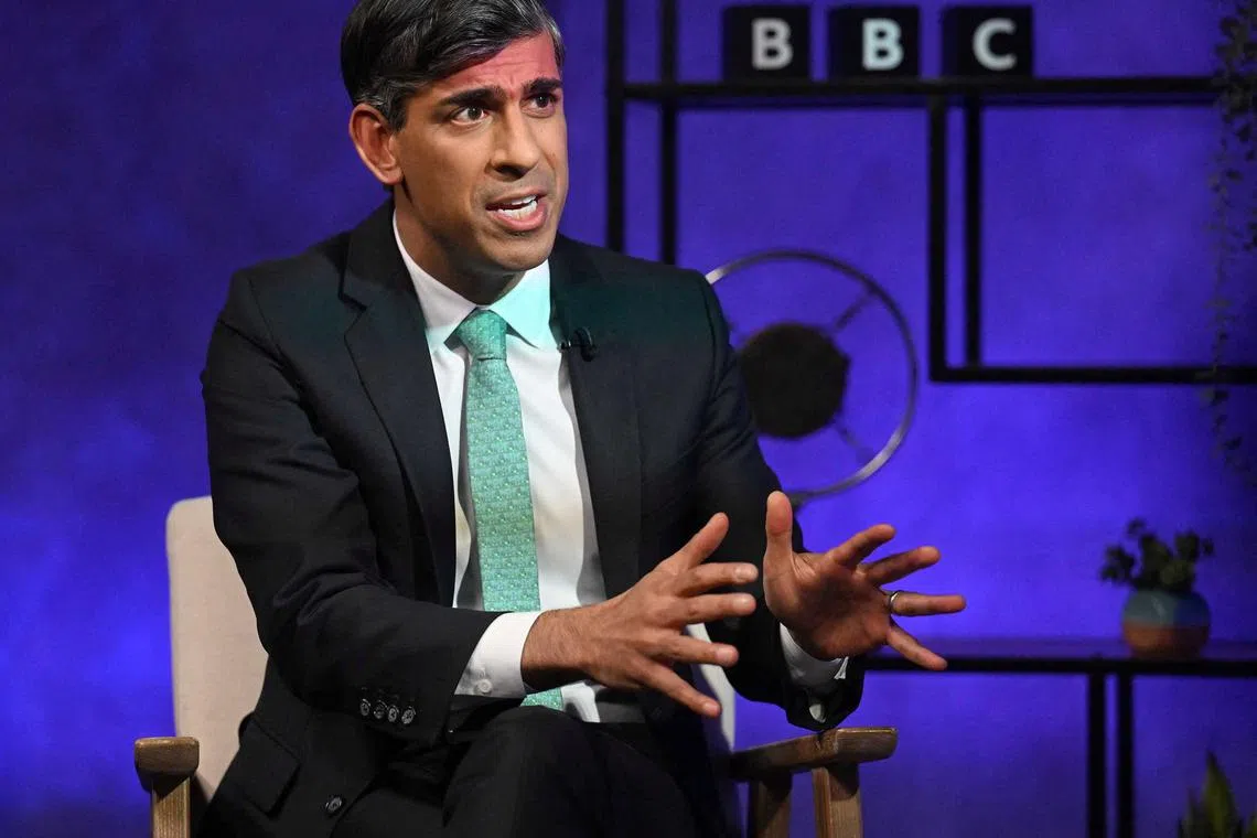 British Prime Minister Rishi Sunak speaks during an interview with Nick Robinson, in London, Britain June 10, 2024. Jeff Overs/BBC/Handout via REUTERS