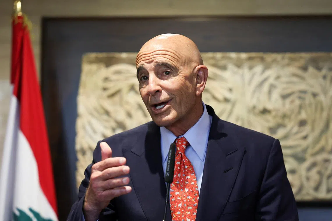 U.S. Ambassador to Turkey and U.S. special envoy for Syria Thomas Barrack speaks after meeting with Lebanese Parliament Speaker Nabih Berri in Beirut, Lebanon June 19, 2025. REUTERS/Mohamed Azakir