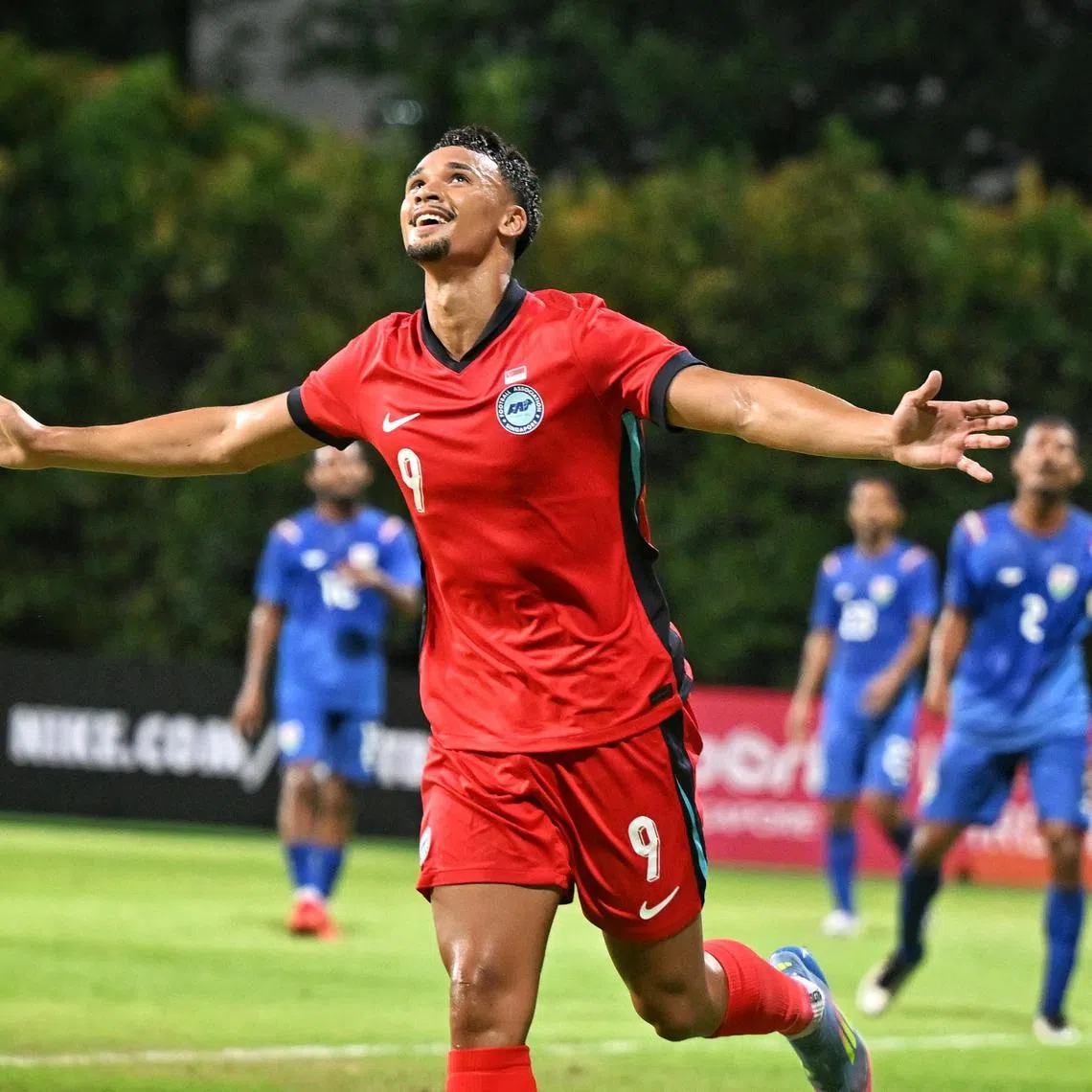 Singapore's Ikhsan Fandi celebrating after scoring in the 3-1 friendly win over the Maldives on June 5 at Bishan Stadium.