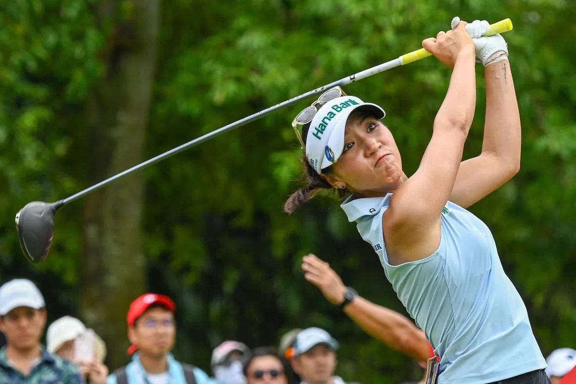New Zealand's Lydia Ko playing a tee shot during round three of the HSBC Women's World Championship at Sentosa Golf Club on March 1, 2025.