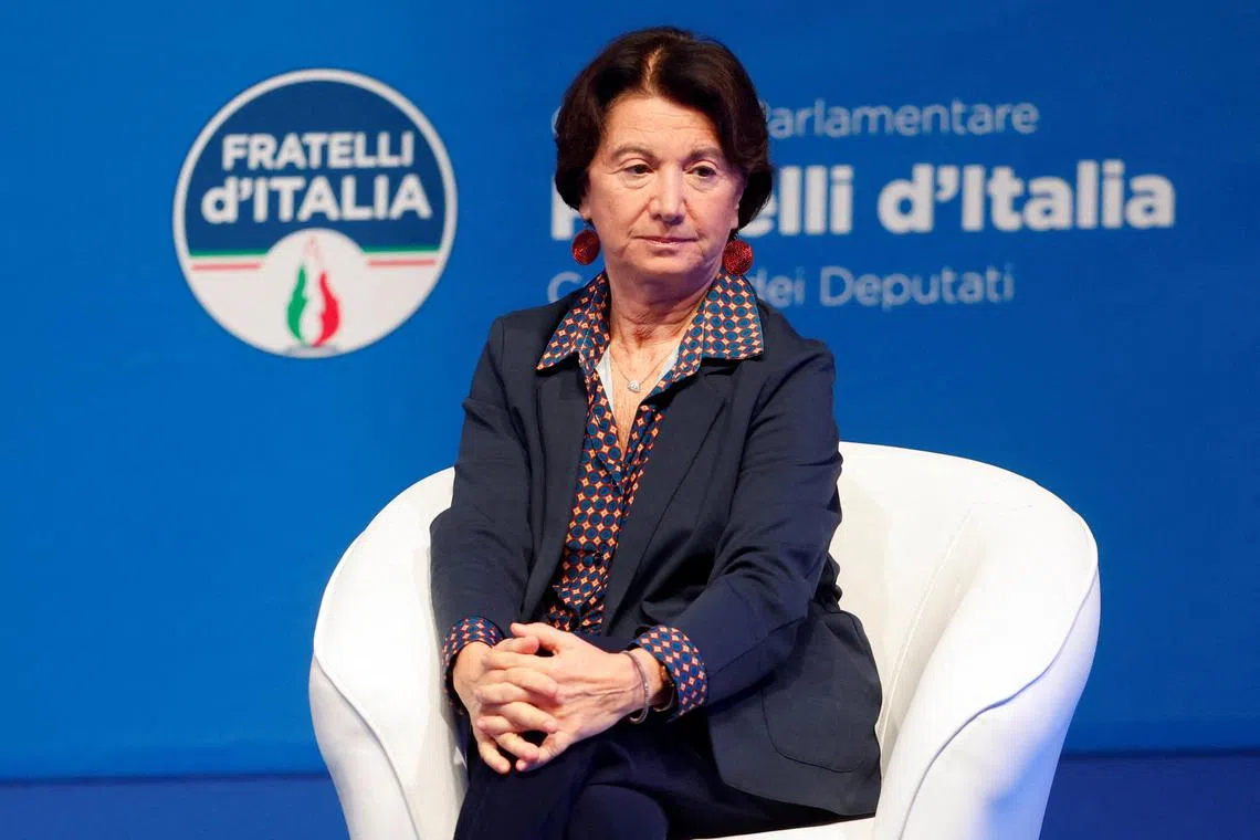 FILE PHOTO: Italian Family, Birth Rate and Equal Opportunities Minister Eugenia Roccella attends a Brothers of Italy party's event in Rome, Italy, October 22, 2023. REUTERS/Remo Casilli/File Photo