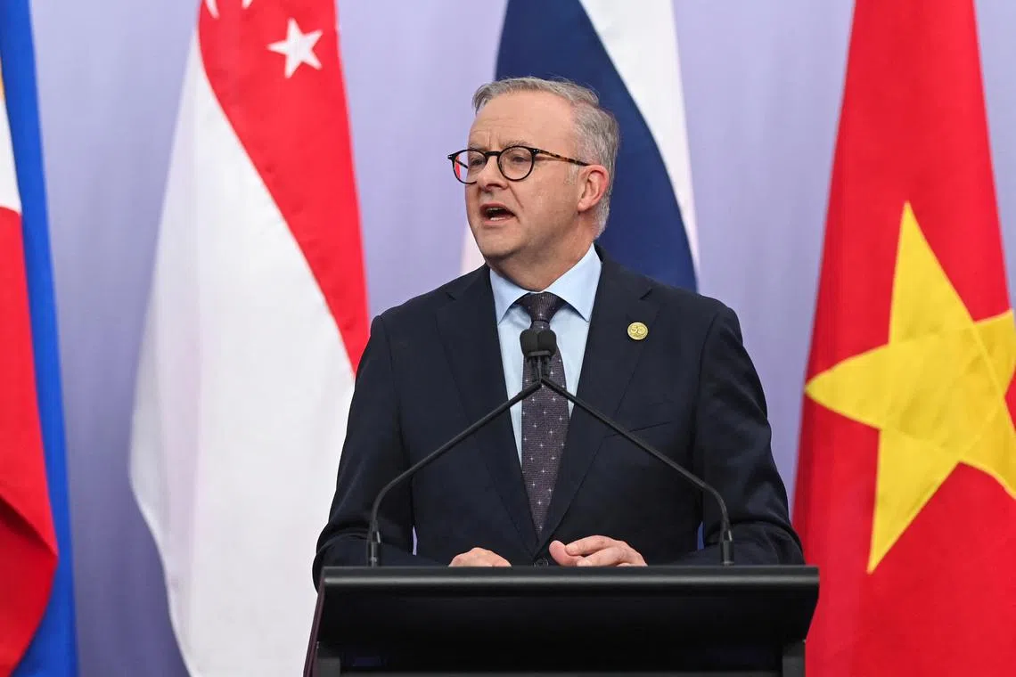 Australia's Prime Minister Anthony Albanese speaks during a joint media statement with Laos' Prime Minister Sonexay Siphandone, during the ASEAN-Australia Special Summit, in Melbourne, Australia, March 6, 2024. REUTERS/Jaimi Joy/File Photo