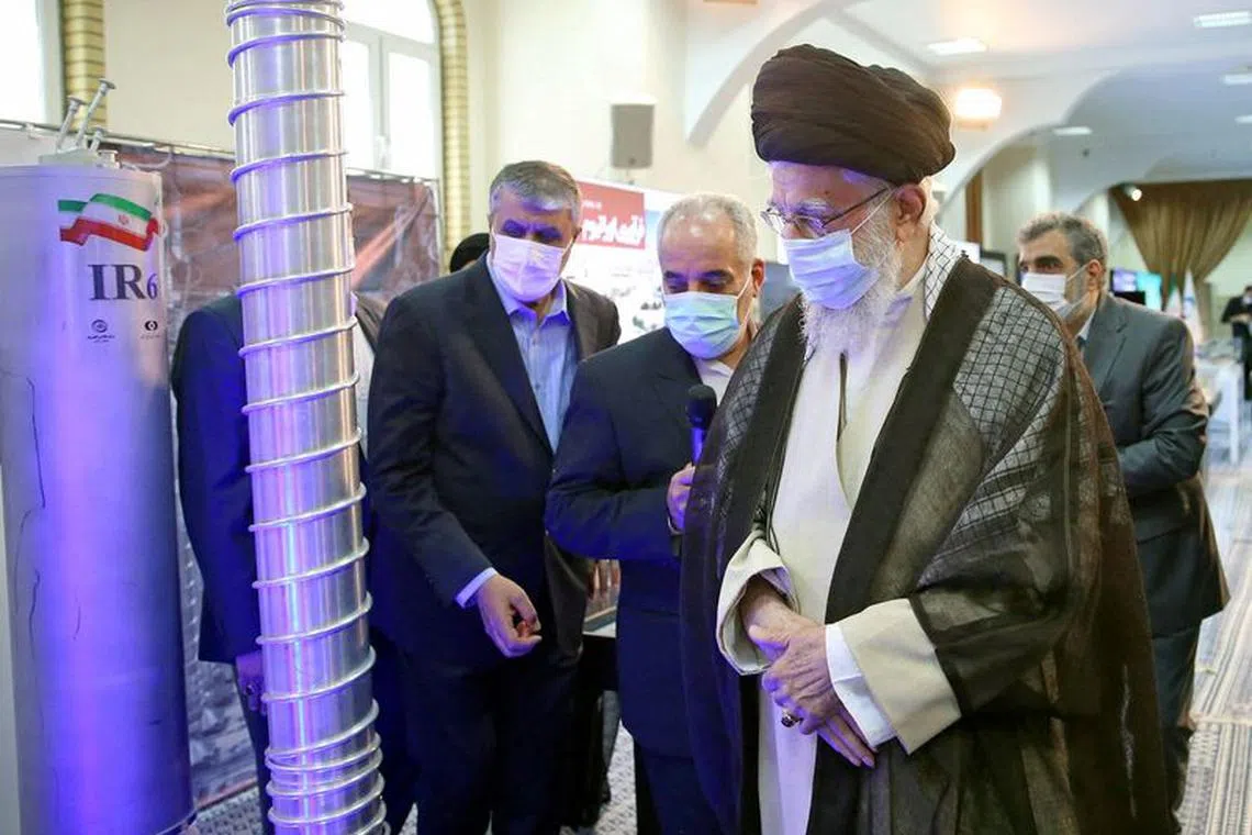 FILE PHOTO: Iran's Supreme Leader Ayatollah Ali Khamenei visits the Iranian centrifuges in Tehran, Iran June 11, 2023. Office of the Iranian Supreme Leader/WANA (West Asia News Agency) via REUTERS /File Photo