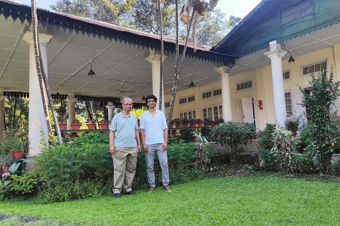 Mrityunjay Jalan (right) and his father, Mrigendra Jalan, at the bungalow that his great-grandfather had constructed during World War II.