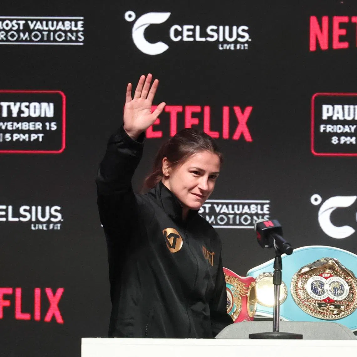Nov 13, 2024; Irving, TX, USA;  Katie Taylor waves to fans before a press conference at The Pavilion at Toyota Music Factory. Mandatory Credit: Kevin Jairaj-Imagn Images/ File Photo