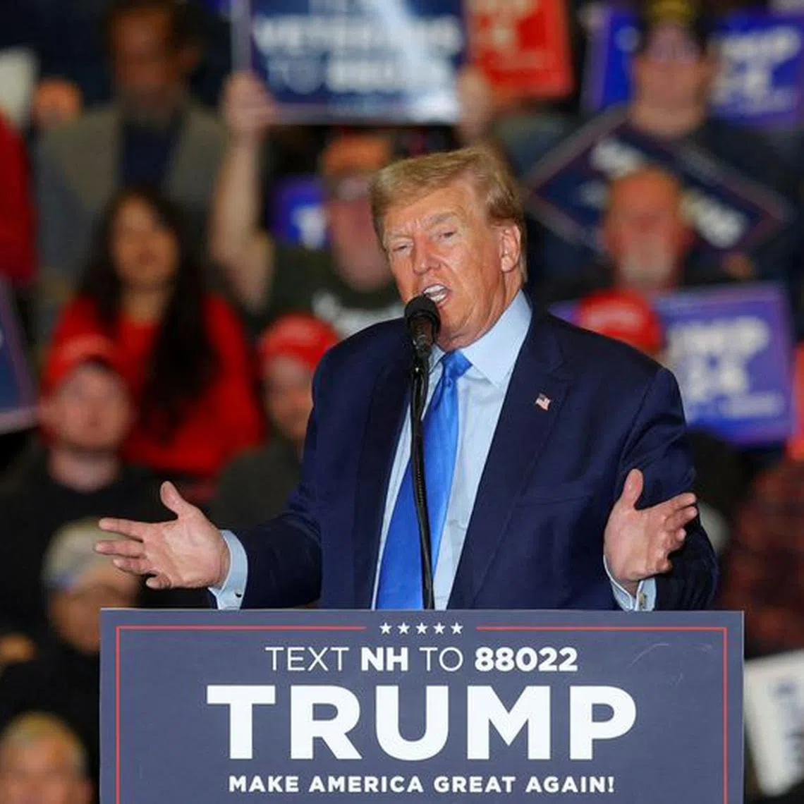 Republican presidential candidate and former U.S. President Donald Trump speaks during a campaign rally in Claremont, New Hampshire, U.S., November 11, 2023. REUTERS/Brian Snyder/File Photo