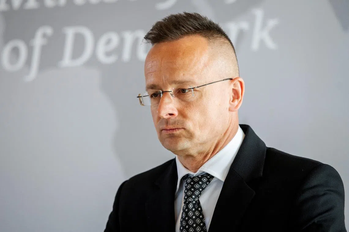 FILE PHOTO: Hungary's Foreign and Trade Minister Peter Szijjarto looks on during a press conference after a bilateral meeting at Eigtveds Pakhus in Copenhagen, Denmark, April 15, 2024. Ritzau Scanpix/Ida Marie Odgaard/via REUTERS/File Photo