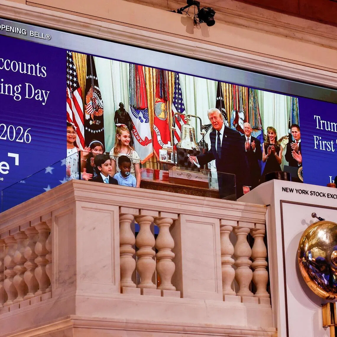 A screen displays US President Donald Trump during an opening bell at the White House, at the New York Stock Exchange in New York City on July 6.