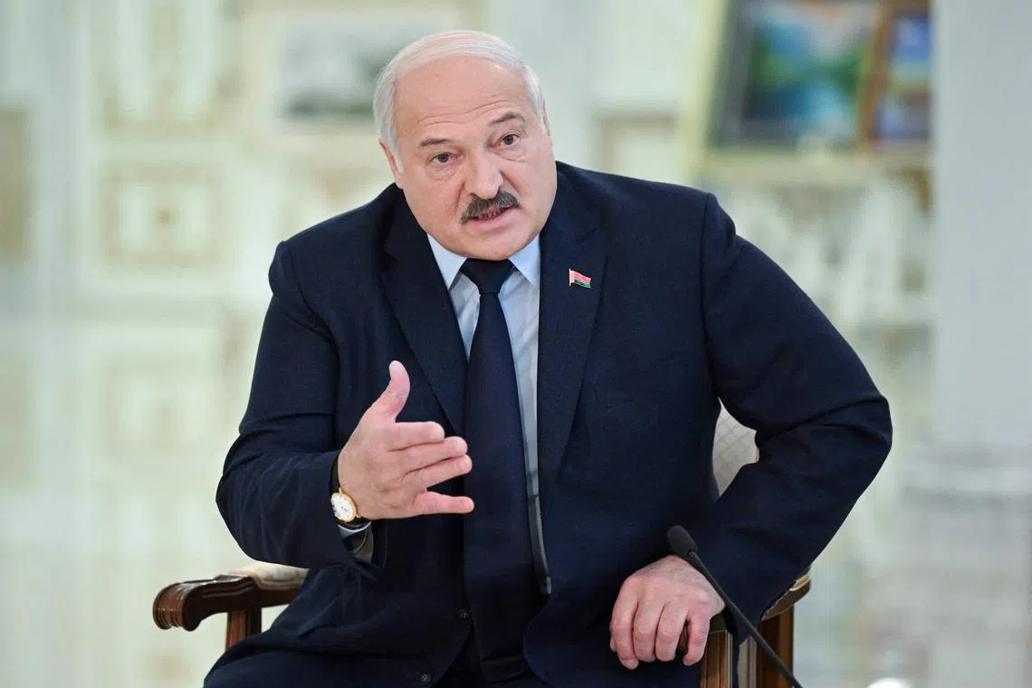 Belarus' President Alexander Lukashenko with foreign media at his residence, the Independence Palace, in the capital Minsk on Feb 16, 2023. 